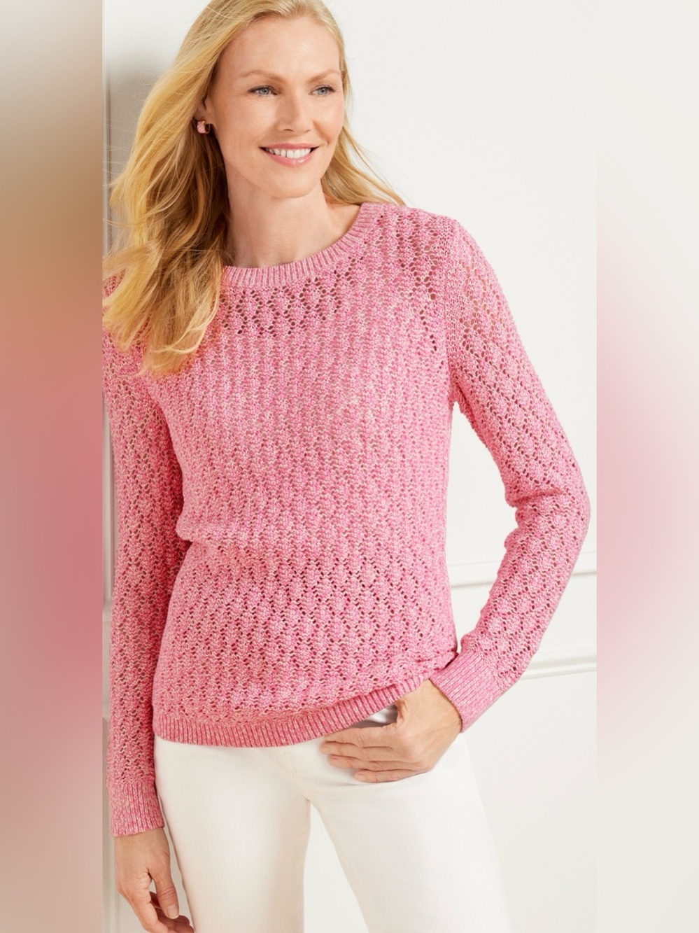 Talbots Pointelle Marl Crewneck Sweater Pink Size 1XP